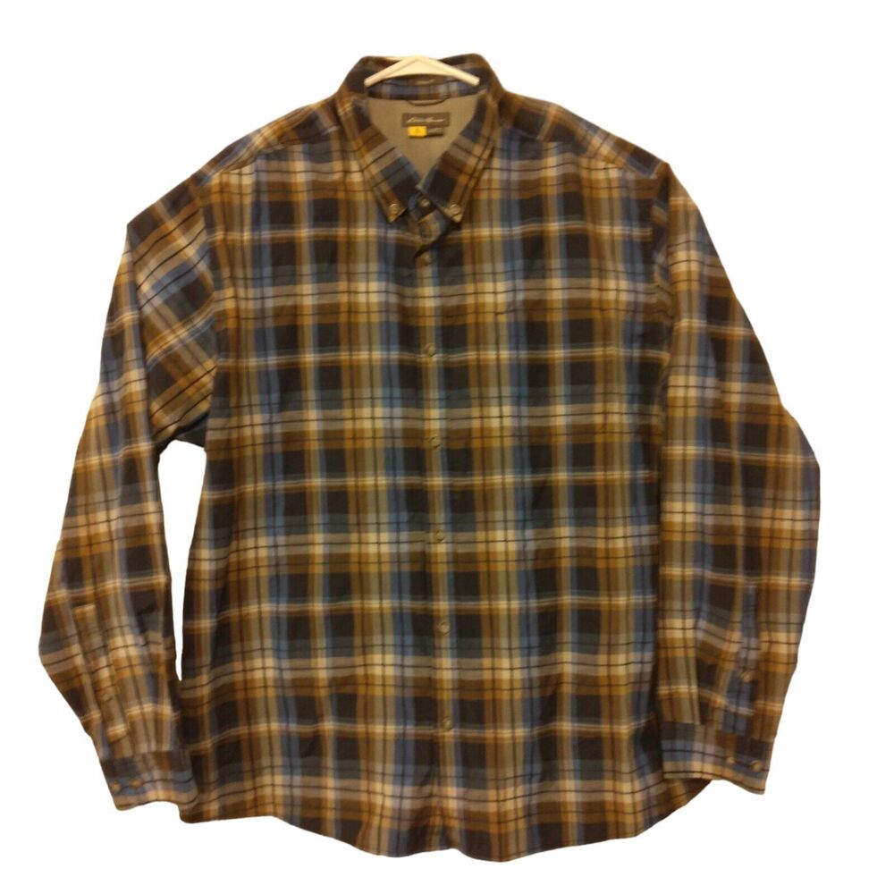 Eddie Bauer Travex shirt mens 2XL XXL blue plaid classic fit button long sleeve